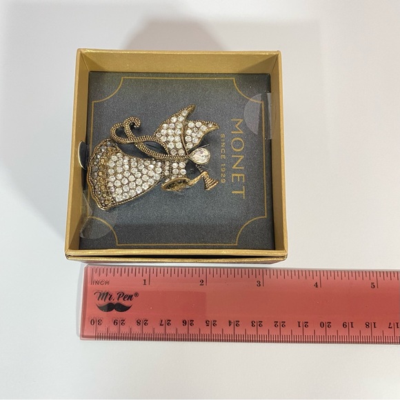 Monet Angel Brooch Pin with Rhinestones and Trumpet - Picture 5 of 5